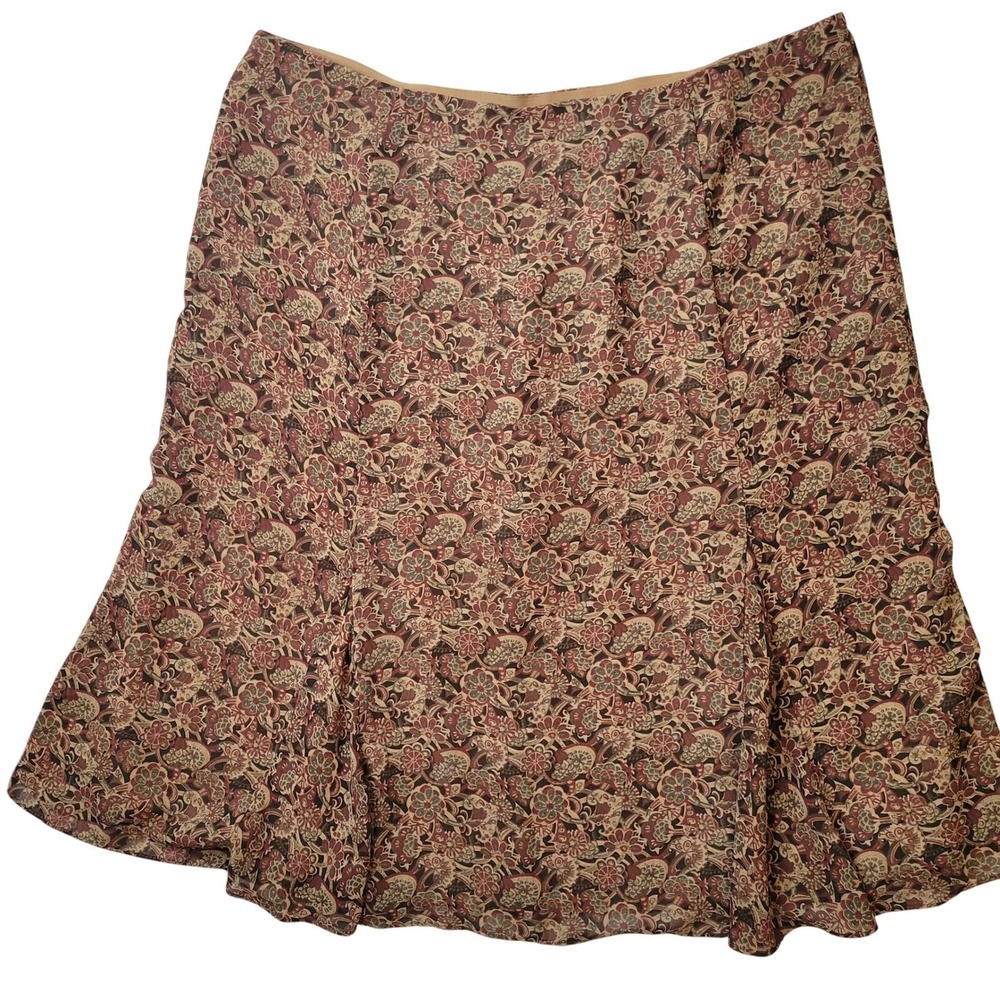 Floral Paisley Midi Skirt Burgundy Tan Chiffon Lined‎ Womens Sz 18 Cottagecore